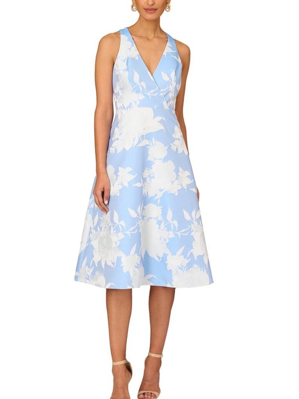 Aidan Mattox Sleeveless Floral Bodice Jaquard Midi Dress in Cool Cloud NWT Sz 4